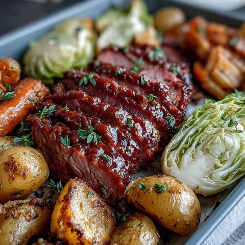 Hearty corned beef and cabbage sheet pan dinner with tender potatoes and carrots, roasted to golden perfection for an easy Irish-American meal.  