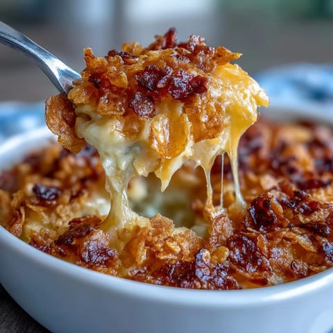 A warm, cheesy potato casserole with a golden cornflake and cheddar crust, perfect for family gatherings and potlucks.