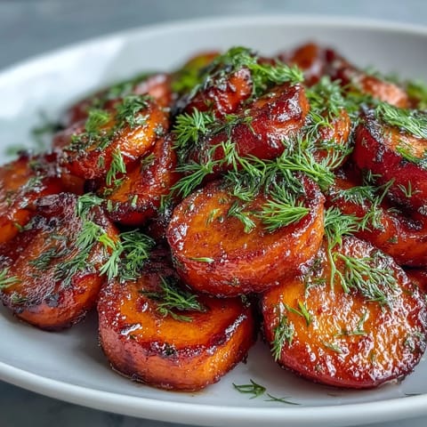 Tender carrots coated in a glossy orange and honey glaze, garnished with aromatic dill for a burst of fresh flavor.  