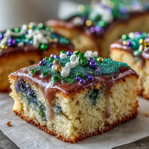 Festive King Cake Sugar Cookie Bars topped with purple, green, and gold sprinkles for Mardi Gras celebrations.  