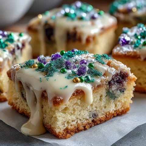 Colorful iced sugar cookie bars inspired by King Cake, perfect for parties and holiday gatherings.  