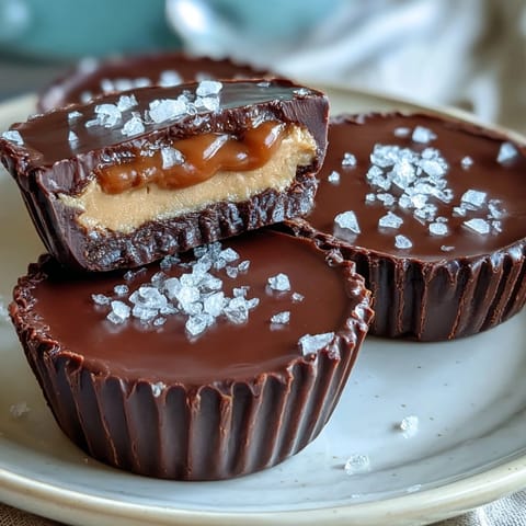 Homemade peanut butter cups filled with gooey salted caramel and topped with flaky sea salt for a sweet-salty treat.