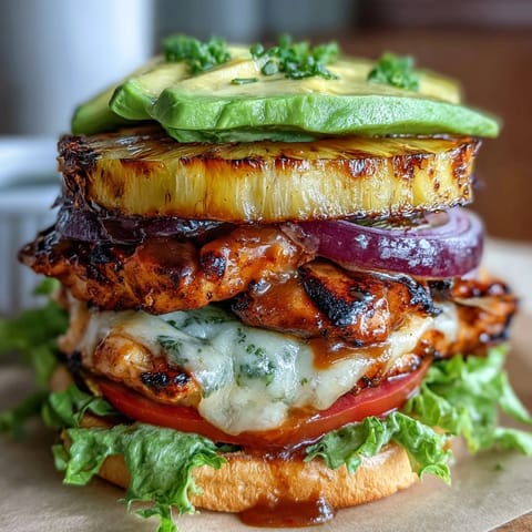 Grilled chicken pineapple burger stacks with juicy chicken, caramelized pineapple, and fresh avocado slices, served open-faced on crisp lettuce.