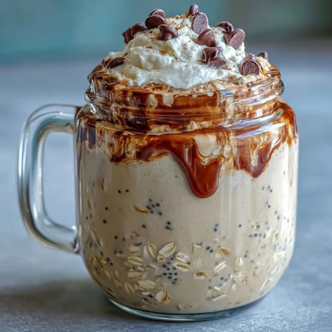 Creamy Vanilla Bean Frappuccino Overnight Oats with espresso and vanilla in a jar, topped with whipped cream and chocolate chips for a refreshing breakfast treat.  