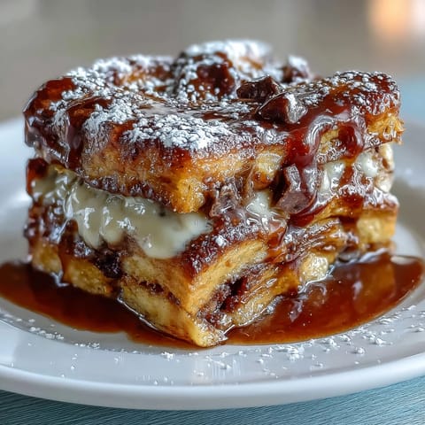 Decadent chocolate croissant bread pudding baked to golden perfection with creamy custard and rich dark chocolate chips.
