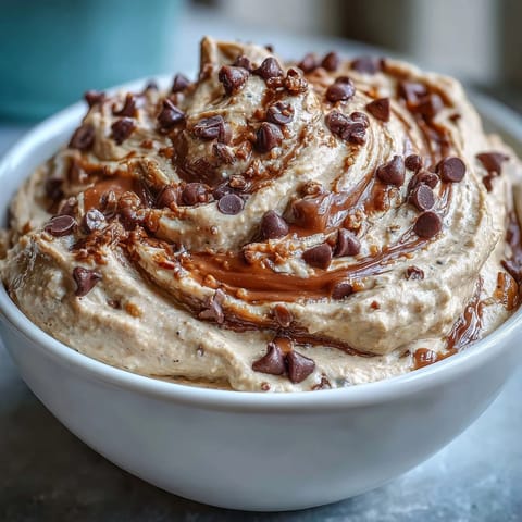 Creamy cottage cheese cookie dough dip with chocolate chips, served with colorful fresh fruit for a healthy snack.