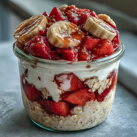 A jar of strawberry banana overnight oats with chia seeds, layered with fresh fruit and creamy oats for a wholesome breakfast.  