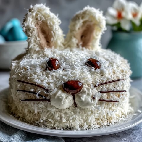 A charming Easter Bunny Cake with coconut frosting, featuring soft vanilla layers and festive candy decorations for a whimsical spring dessert.