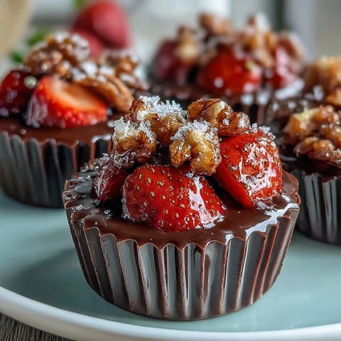 Elegant dark chocolate cups brimming with fresh strawberry filling and a golden pistachio crunch for a stunning, easy dessert.