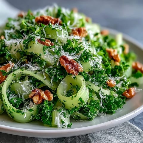 Crunchy celery salad with Parmesan and lemon, featuring crisp celery slices, zesty lemon, and savory Parmesan cheese.  
