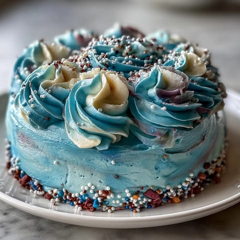 Whimsical Pisces birthday cake with dreamy ocean galaxy buttercream in vibrant blues and purples.