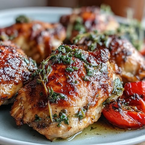 A vibrant sheet pan of tender lemon chicken breasts nestled among colorful roasted vegetables, all glistening with a zesty herb marinade.
