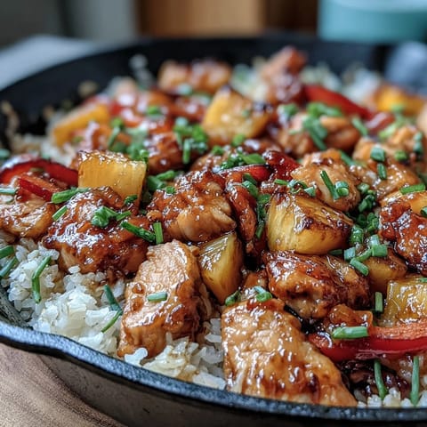 A vibrant one-pan Pineapple Chicken and Rice Skillet with colorful bell peppers and juicy pineapple chunks in a sweet-savory sauce.