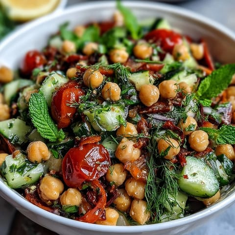 Healthy Easy Cucumber Chickpea Salad with Lemon Vinaigrette, a vibrant mix of crisp cucumbers and hearty chickpeas tossed in a bright, tangy lemon dressing.  