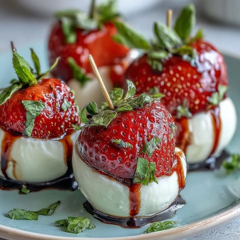 Juicy strawberries and creamy mozzarella on skewers with fresh basil, finished with tangy balsamic reduction.