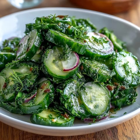 Crisp cucumber radish salad with dill vinaigrette, showcasing vibrant green and pink slices in a light, refreshing side dish.  