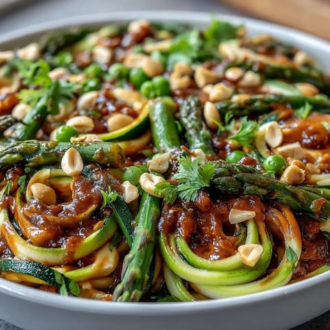 Zucchini noodles tossed in creamy peanut sauce with colorful vegetables, a healthy and vibrant stir-fry.  
