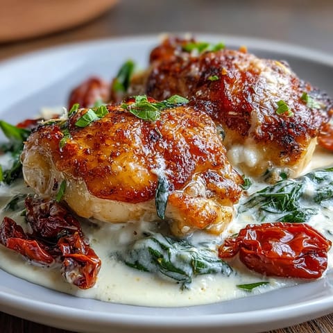 Creamy Tuscan Chicken Skillet with golden chicken in a rich garlic cream sauce with sun-dried tomatoes and spinach.  
