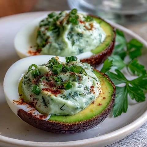 Vibrant green avocado deviled eggs garnished with dill and chives, a fresh twist on a classic appetizer.