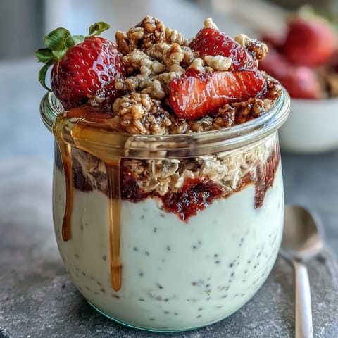 Creamy strawberry overnight oats with chia seeds and granola, topped with fresh berries for a vibrant, wholesome breakfast.