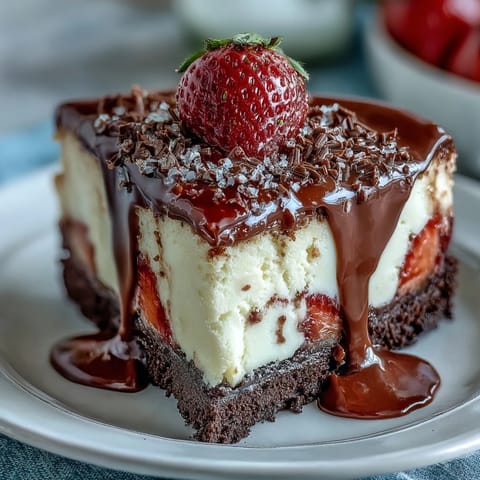 A creamy no-bake cheesecake cup layered with chocolate biscuit base, fresh strawberries, and rich ganache.