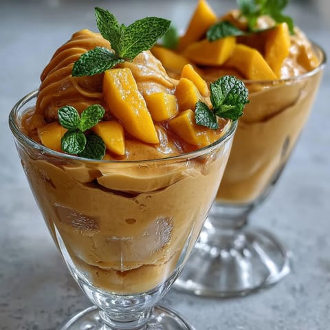 Mango peach iced tea with fresh mint, garnished with juicy fruit slices, served over ice in a clear glass pitcher.