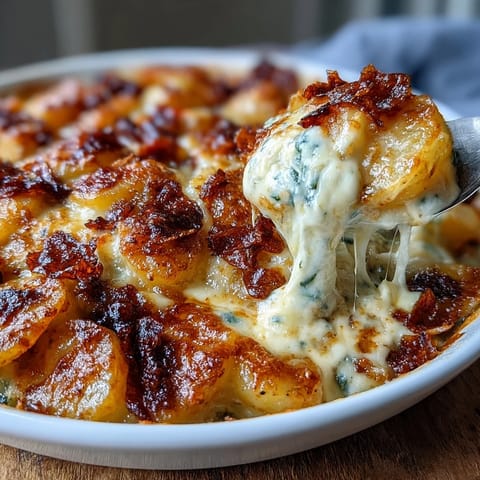 A golden, bubbling casserole of cheesy scalloped potatoes with layers of tender Yukon Gold slices and melted cheddar.