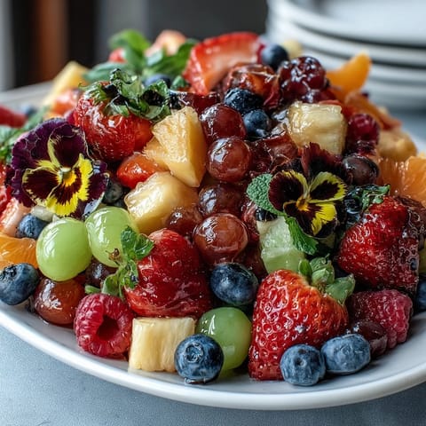 A colorful graduation party fruit table adorned with fresh edible flowers and vibrant seasonal fruits.