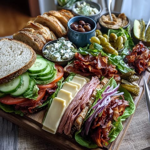 A colorful and inviting Loaded Deli Sandwich Board featuring ciabatta rolls, smoked turkey, cheddar, and crisp lettuce for a perfect picnic spread.  