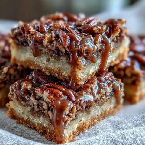 Buttery pecan pie bars with bourbon glaze, golden shortbread crust and toasted nuts, perfect for Kentucky Derby celebrations.