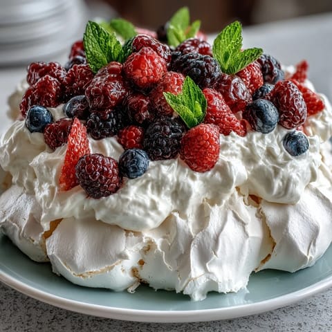 A crisp meringue pavlova shell topped with fluffy whipped cream and a vibrant mix of fresh strawberries, raspberries, and blueberries.