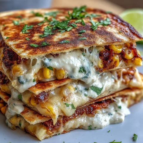 Cinco de Mayo Street Corn Quesadillas with smoky chipotle crema, melted cheese, and roasted corn filling.