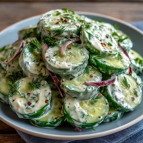 Creamy Cucumber Dill Salad with crisp cucumbers in tangy sour cream dressing, garnished with fresh dill sprigs.  