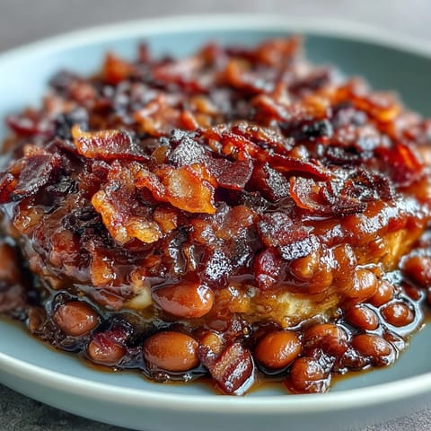 A bubbling skillet of summer BBQ baked beans with crispy bacon and sweet brown sugar glaze.