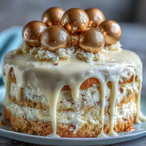 Three-layer vanilla sponge cake with silky white chocolate buttercream, dramatic drip, and edible gold balloon decorations for a festive graduation centerpiece.