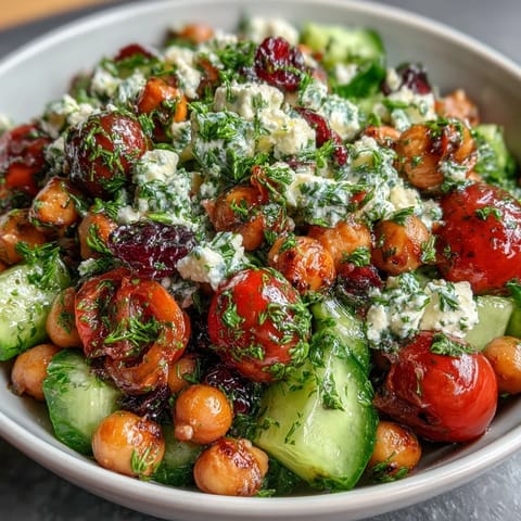 Refreshing cold chickpea salad bursting with fresh herbs, juicy tomatoes, and crisp cucumbers, drizzled with zesty lemon dressing.