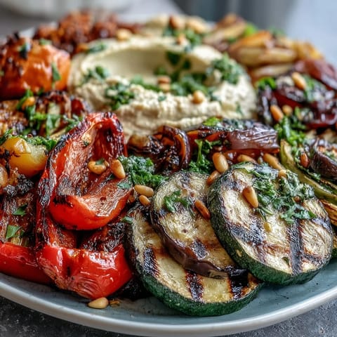 A colorful grilled vegetable platter with hummus, featuring zucchini, bell peppers, eggplant, and tomatoes, perfect for summer barbecues or healthy meals.  