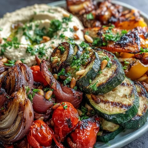 A vibrant Mediterranean-inspired veggie platter with creamy homemade hummus, topped with parsley and pine nuts, ideal for vegan and gluten-free diets.  