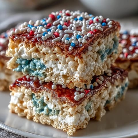 Vibrant red, white, and blue Rice Krispies treats layered for a patriotic Fourth of July dessert.  