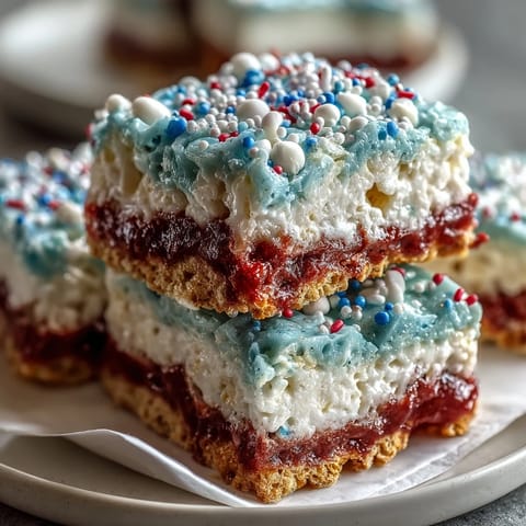 Chewy, colorful cereal bars with red and blue marshmallow layers—perfect for Independence Day celebrations.  