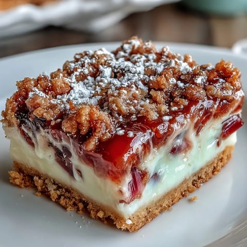 Golden shortbread crust topped with tangy rhubarb and silky vanilla custard in these irresistible rhubarb custard bars.