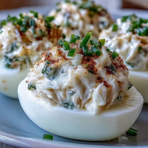Creamy crab cake deviled eggs topped with Old Bay seasoning, garnished with fresh chives for a zesty appetizer.  