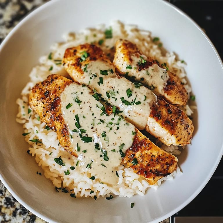 A bowl of rice with chicken and sauce.