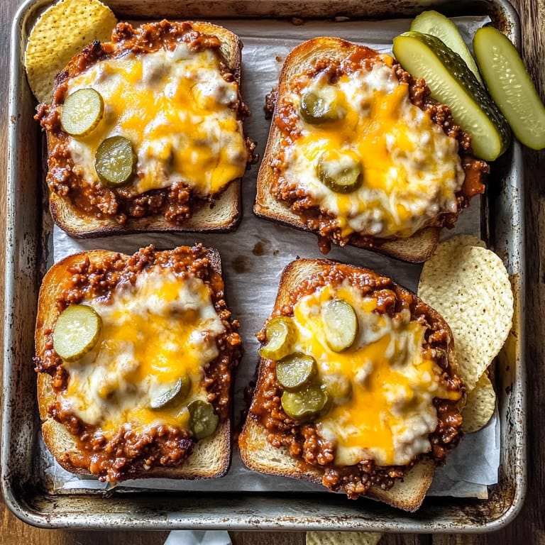 A tray of sandwiches with cheese and chili.