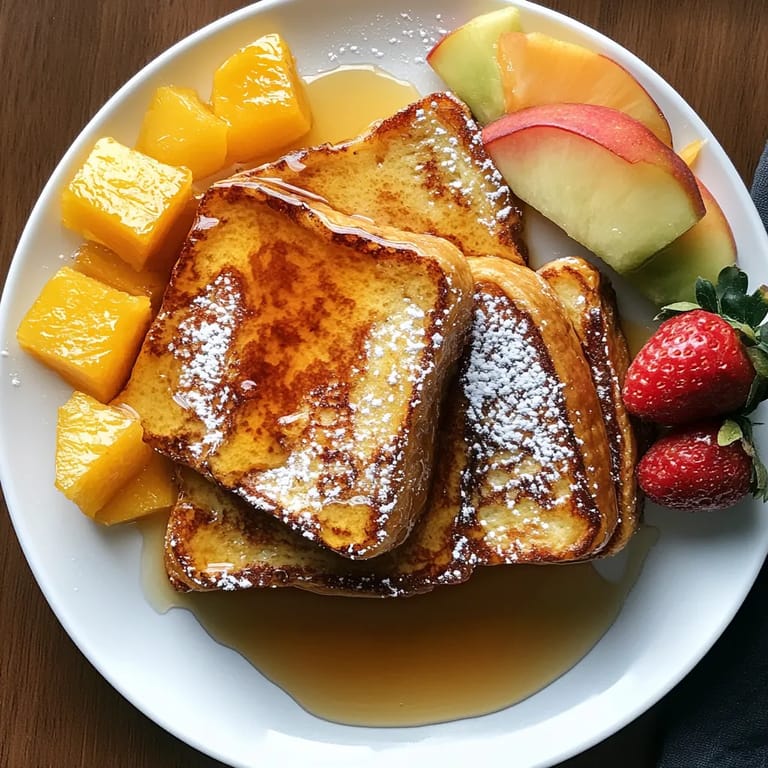 A plate of food with french toast, fruit, and strawberries.