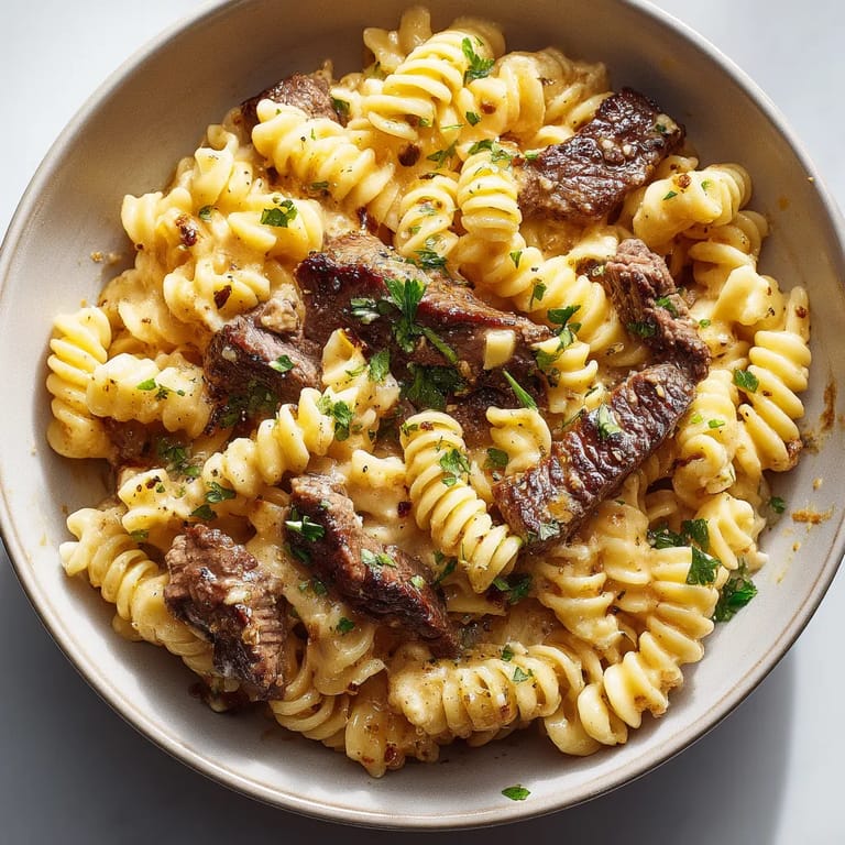 A bowl of pasta with meat and vegetables.