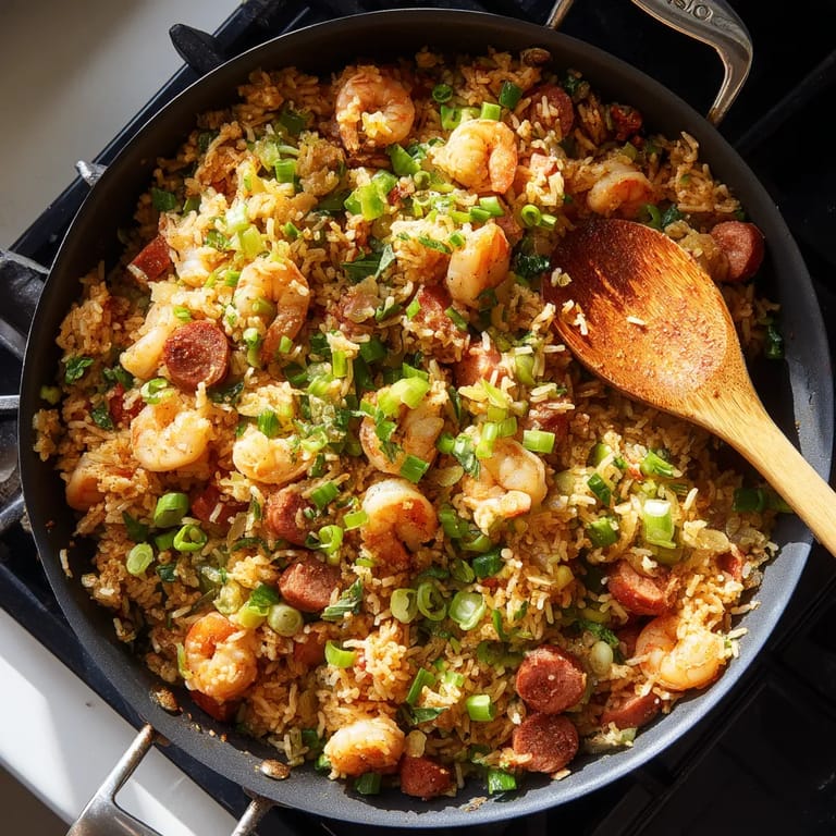 A pan of rice with shrimp and sausage.