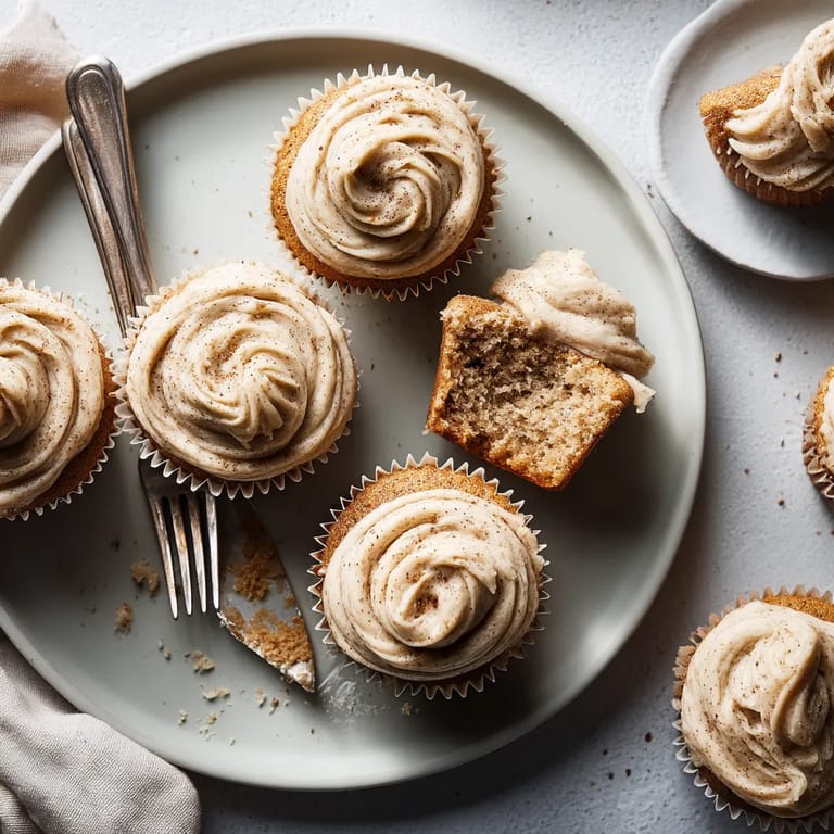 A plate of cupcakes with frosting and a fork.