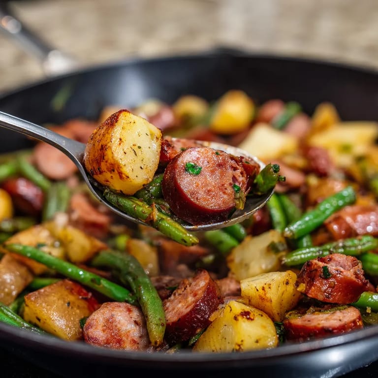 A spoon is being used to scoop food from a plate.