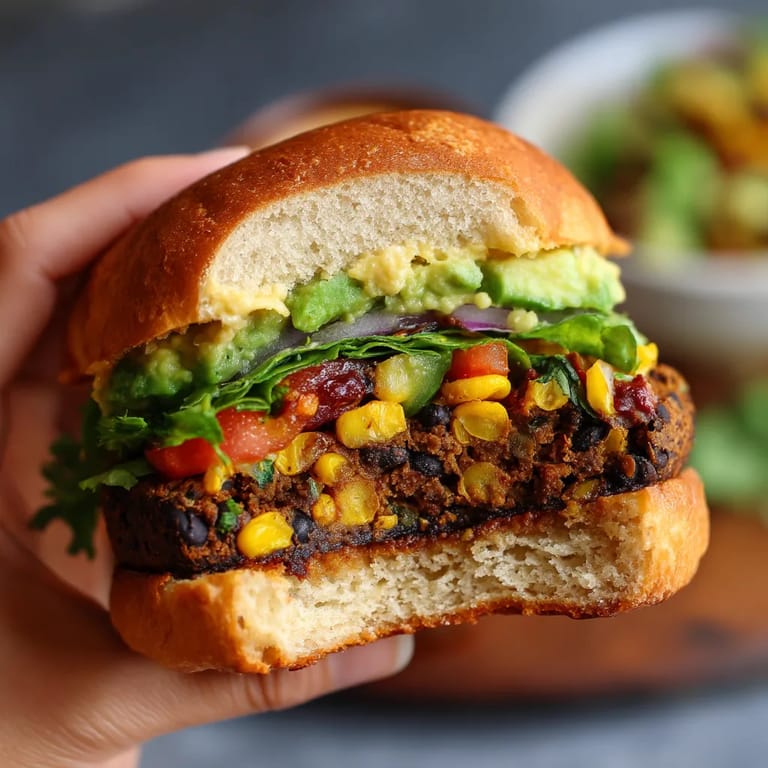 A person holding a sandwich with lettuce, tomato, avocado, and black beans.
